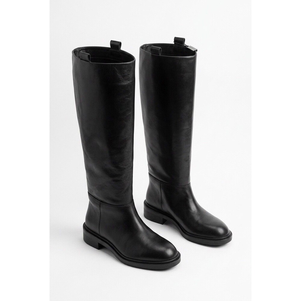 ZARA Black Leather Knee High Riding Boots Flat Round Toe Ref 2052/610 EU 39 US 8
